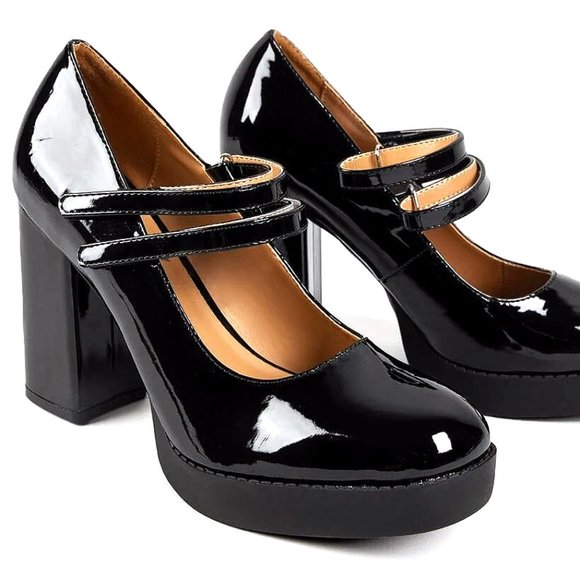 New Black Patent Mary Jane Platform Chunky Heel Pumps - Picture 2 of 3